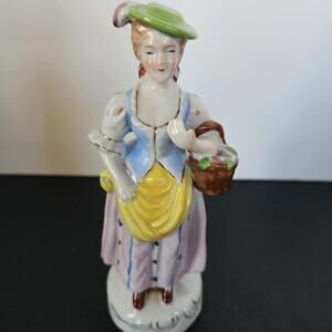Vintage 1930s Porcelain Woman with Basket Figurine 7" Tall